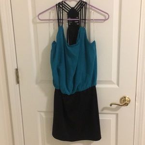 Teal/black dress, form-fitting